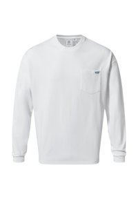 White long-sleeve crewneck shirt in cotton. Features a left chest pocket with a blue logo tag. Smooth texture, relaxed fit.