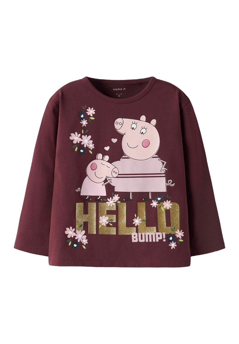 Mörkröd långärmad bomullsskjorta med motiv av tecknade grisar, blommiga detaljer och metalliskt guldtext som säger "HEJ BUMP!" med rosa och vita inslag.