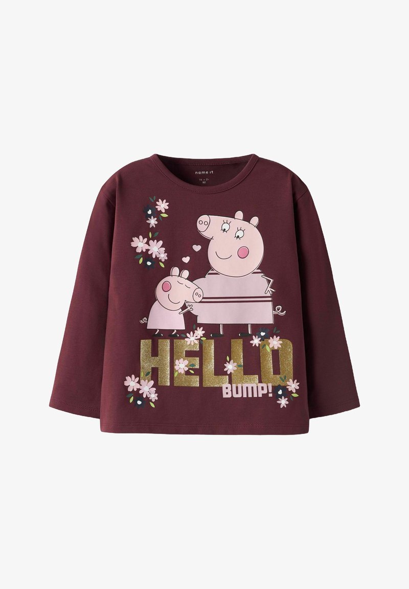 GaršSleeve maroon kokvilnas krekls ar karikatūru cūkām, ziedu akcentiem un metāliski zelta tekstu "HELLO BUMP!" ar rozā un baltām detaļām.