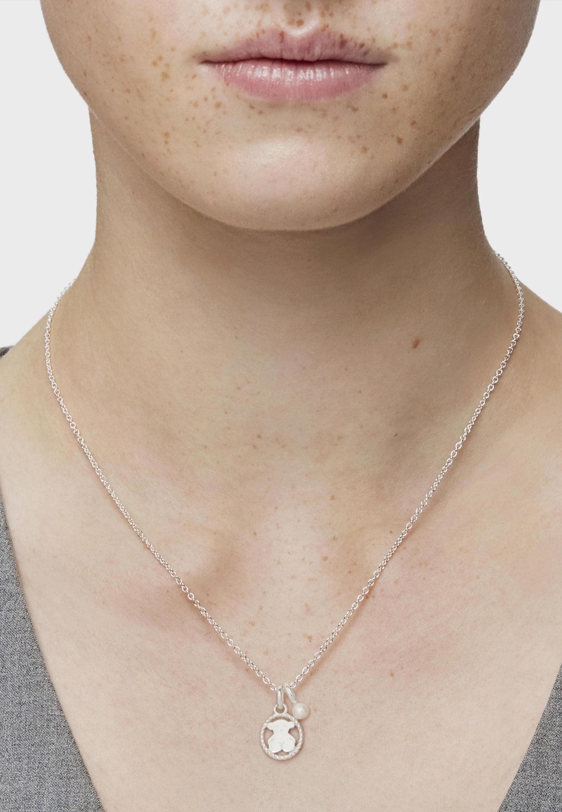 Collier Camée Argenté - Pendentif Vintage Occasion En Acier Inoxydable Et Tissu