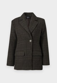 Donkergrijze geruite blazer met één knoop en brede revers, met voorzakken en op maat gemaakt voor een gestructureerde pasvorm.