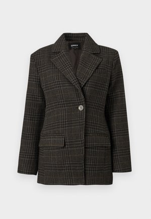 Donkergrijze geruite blazer met één knoop en brede revers, met voorzakken en op maat gemaakt voor een gestructureerde pasvorm.
