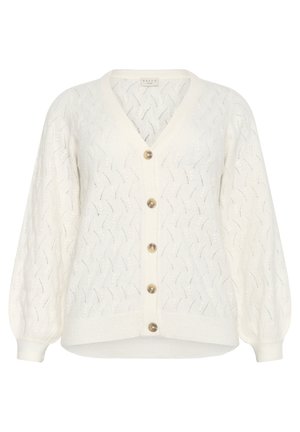 Cardigan alb tricotat, cu decolteu în V, mâneci tip balon și nasturi mari. Decorat cu un model texturat în zigzag pe întreaga suprafață.