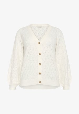 Balts adīts kardigāns ar V veida kakla izgriezumu, burbuļveida piedurknēm un lielām pogām. Rotāts ar strukturētu zigzaga rakstu visā virsmā.