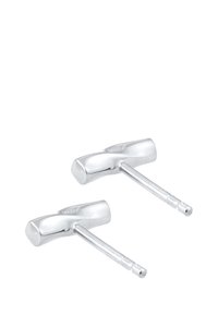 Sølvmetall manchetknapper formet som hamre med en glat overflade. Markerede "925", der indikerer sterling sølv. Har et strømlinet, minimalistisk design.