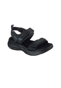 Czarny sandał Skechers z regulowanymi paskami, wyściełaną podeszwą i uchwytem do zakupu, idealny na casualowe wyjazdy na świeżym powietrzu.