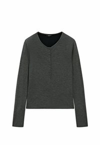 Long-sleeve dark gray top with a V-neck, featuring a button placket along the neckline and a soft, textured fabric.