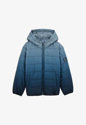 Gewatteerd jack met een verloop van lichtblauw naar donkerblauw, voorzien van een capuchon, ritssluiting aan de voorkant en zijzakken. Soepele textuur en elastische manchetten.