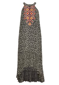 Vestido maxi negro con un estampado floral, que presenta formas de diamante bordadas en rojo y amarillo en el corpiño. Con dobladillo acampanado y diseño sin mangas.