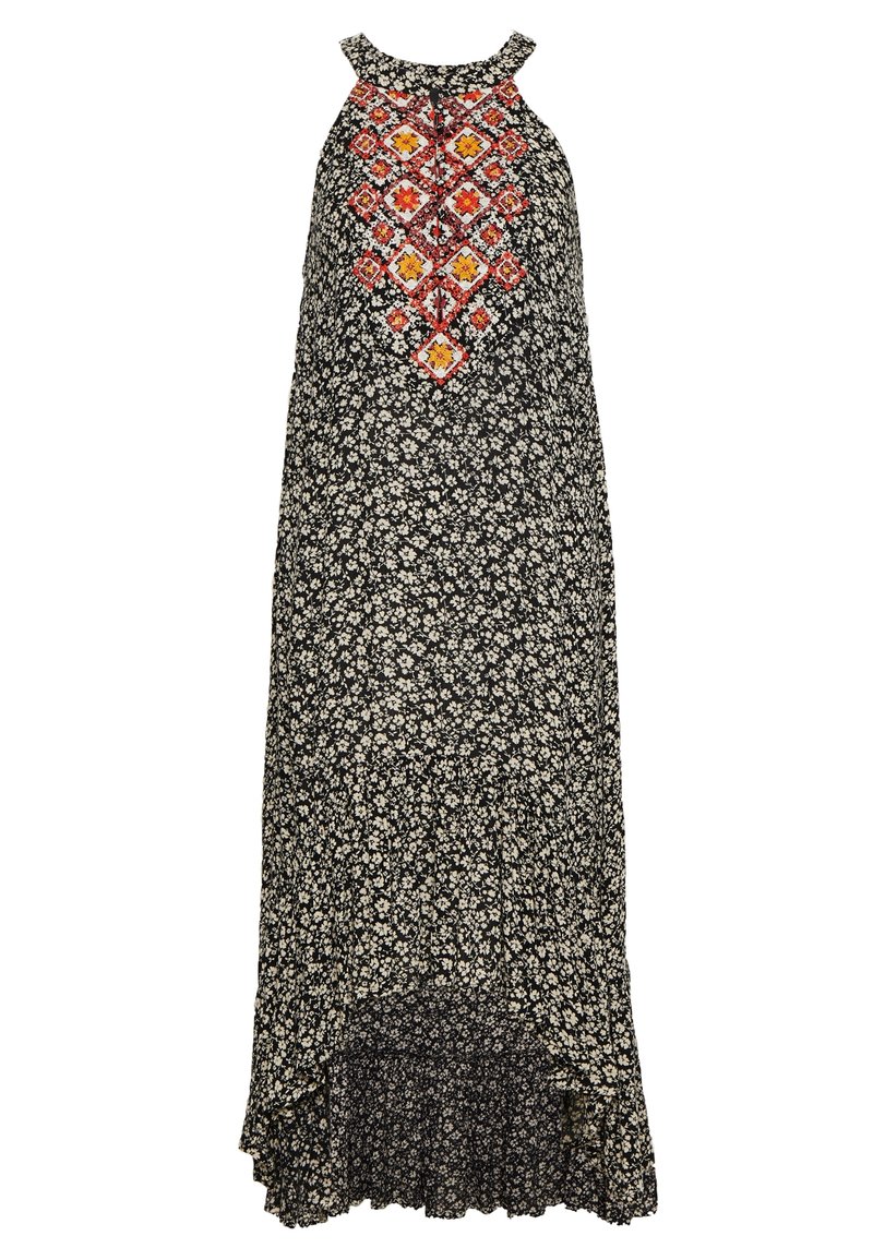 Vestido maxi negro con un estampado floral, que presenta formas de diamante bordadas en rojo y amarillo en el corpiño. Con dobladillo acampanado y diseño sin mangas.