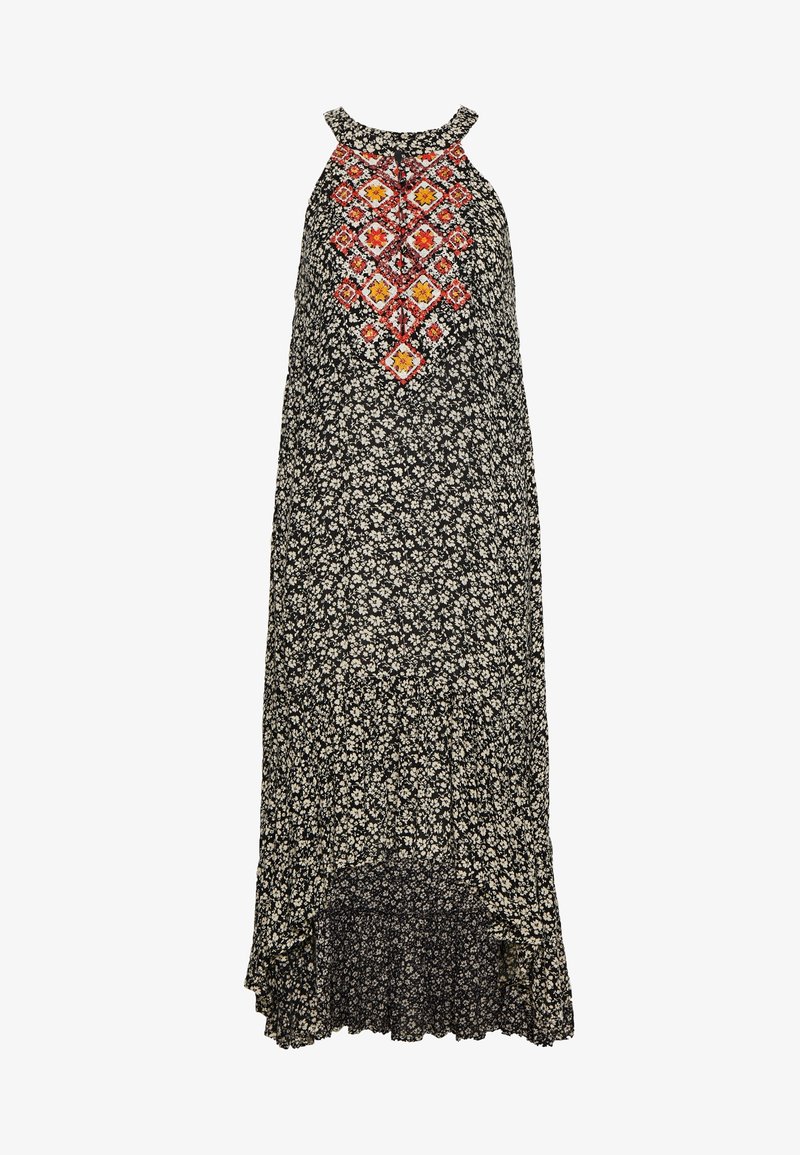 Vestido maxi negro con un estampado floral, que presenta formas de diamante bordadas en rojo y amarillo en el corpiño. Con dobladillo acampanado y diseño sin mangas.
