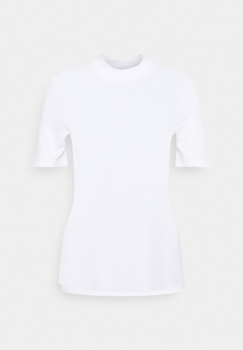 Haut blanc à manches courtes en tissu extensible, doté d'un col montant et d'une coupe ajustée qui s'évase légèrement à l'ourlet.
