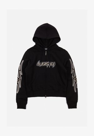 Black zip-up hoodie with a kangaroo pocket, printed logo on the chest, and tribal patterns on the sleeves. Soft fabric and stretchy cuffs.