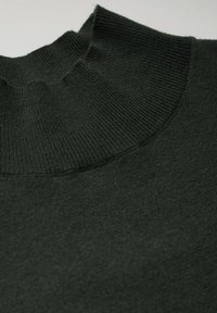 Suéter verde oscuro con un alto cuello acanalado y una textura suave. El cuerpo presenta una tela lisa, destacando un diseño ajustado.