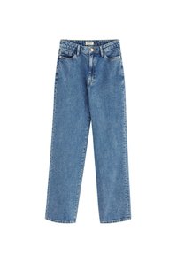 Jeans in denim blu con una vestibilità rilassata, design a gamba dritta, cinque tasche e dettagli di cucitura visibili. Lavaggio medio con un aspetto classico.