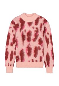 Pull en rose avec un imprimé léopard rouge et rose, fabriqué dans un matériau doux et duveteux. Présente un col rond et des poignets et un ourlet côtelés.