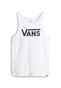 Camiseta sin mangas de algodón blanca con un gran logo negro de "VANS" en el frente, con un escote redondeado y ajuste estándar.