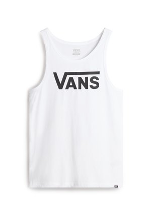 Weißes Baumwoll-Tanktop mit einem großen schwarzen "VANS"-Logo auf der Vorderseite, mit rundem Ausschnitt und normaler Passform.