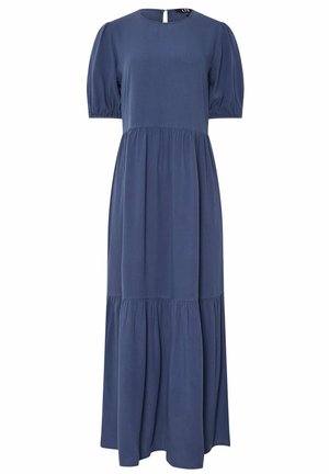 Abito maxi in tessuto blu navy con maniche a sbuffo corte, scollatura rotonda e design della gonna a strati. Texture liscia e chiusura sul retro nascosta.