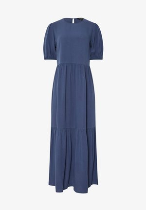 Maxikleid aus marineblauem Stoff mit kurzen Puffärmeln, rundem Ausschnitt und gestuftem Rockdesign. Glatte Textur und verdeckter Reißverschluss am Rücken.