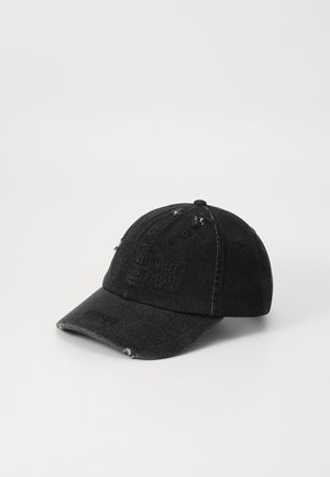 Black denim baseball cap with stitched text detail, curved visor, distressed accents, and button on top. Adjustable strap at the back.