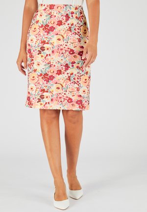 Bloemenlijfrok met een gekleurd patroon op een lichte achtergrond, met een aansluitend ontwerp en een lengte tot de knie.