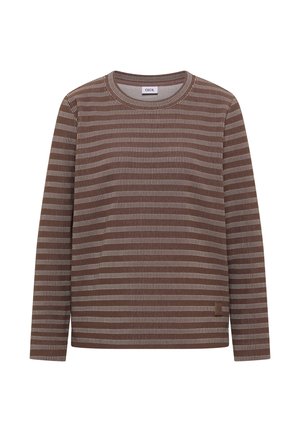 Chemise marron à manches longues avec des rayures horizontales crème. Tissu doux, col rond, et une petite étiquette de marque sur le côté inférieur gauche.