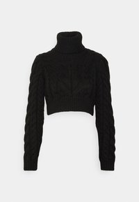 Maglione corto a coste nere con collo alto e maniche lunghe. Presenta motivi testurizzati sulle maniche e sul corpo per un tocco di dettaglio in più.