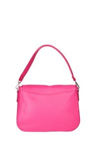 Roze leren handtas met een enkele schouderband, rechthoekige vorm, gestructureerd oppervlak en bovenste naaddetail.