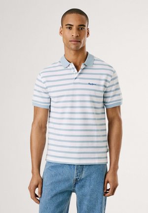 Polo a righe bianco e azzurro, maniche corte, con colletto e logo sul petto. Realizzato in cotone. Design casual.