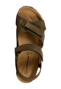 Brune lædersandal med to justerbare remme og en polstret sål, størrelse 35, mærket "The Divine Factory."