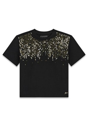Crop top noir à manches courtes avec des sequins dorés et argentés densément répartis au niveau de l'encolure, s'estompant vers le bas, et un petit logo doré près de l'ourlet.