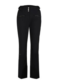 Black ski pants with a straight cut, featuring a zippered pocket and snap buttons at the waist. Made from durable, water-resistant fabric.
