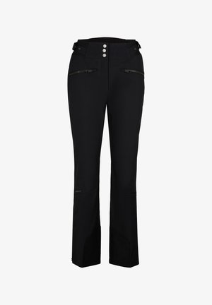 Black ski pants with a straight cut, featuring a zippered pocket and snap buttons at the waist. Made from durable, water-resistant fabric.