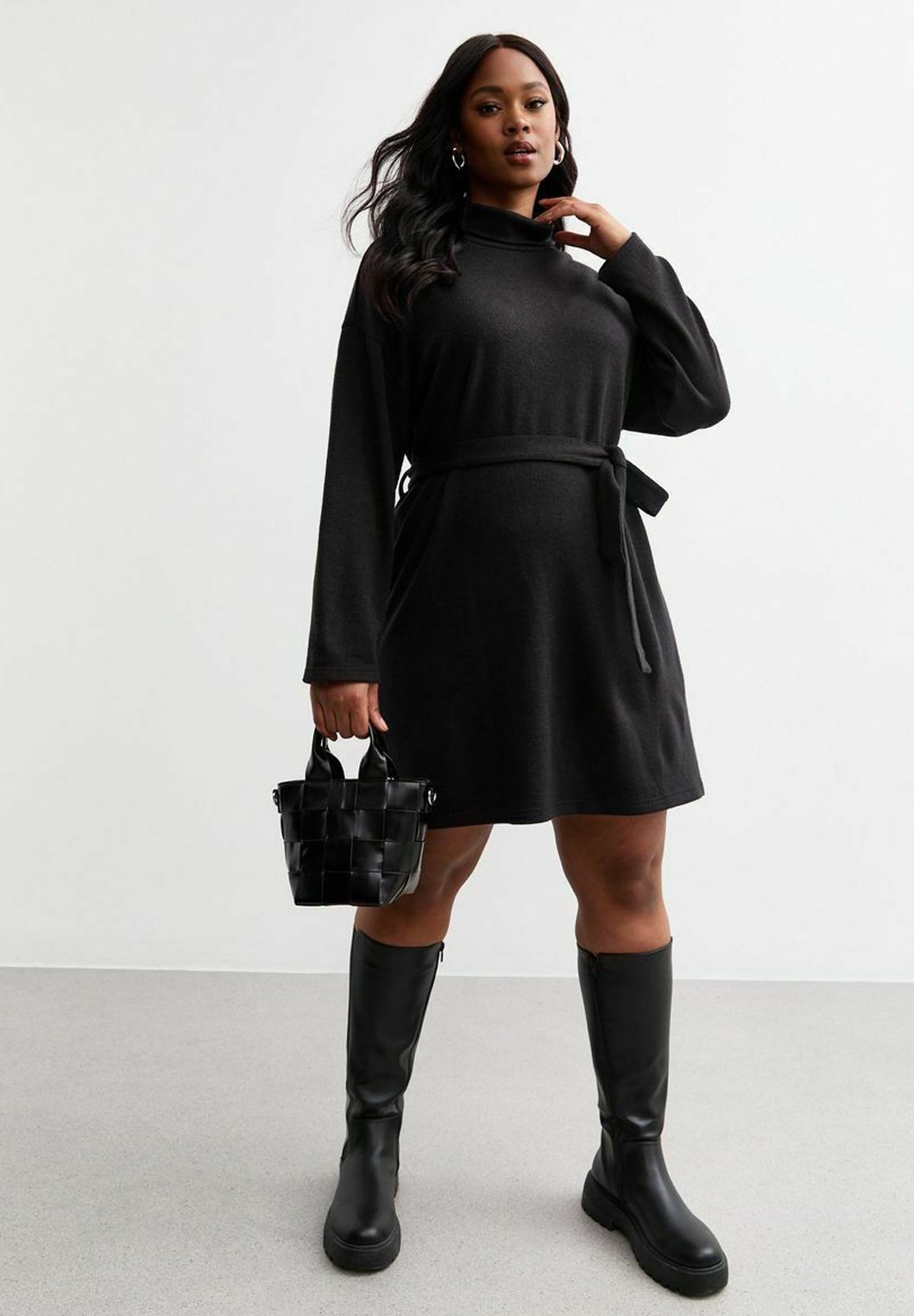 black mini jumper dress boohoo Women's Petite Wide Rib Bardot Neckline Mini Jumper Dress in Black | Size: Small