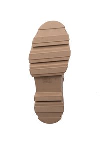 Brązowa podeszwa gumowego buta z żłobionym wzorem, z zaokrąglonym obcasem i teksturowaną powierzchnią dla lepszego chwytu.