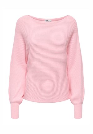 Rožinis ribotas megztinis su plačiu iškirptu kaklu, ilgomis pūstomis rankovėmis ir trumpintu kirpimu. Minkšta tekstūra, besiūlis dizainas ir minimalistinis stilius.