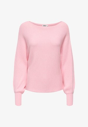 Różowy sweter z prążkowanego dzianiny z szerokim dekoltem, długimi bufkami na rękawach i krótkim krojem. Miękka faktura, bezszwowa konstrukcja oraz minimalistyczny styl.