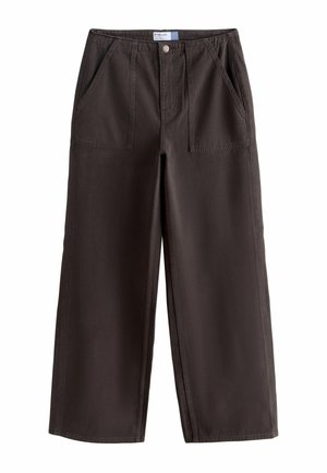 Dark brown wide-leg pants with front patch pockets, button and zipper closure, and a high waist, displayed on a white background.