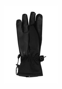 Čierne nepremokavé rukavice s textúrovanými dlaňami, dizajn s piatimi prstami a elastickým zaisťovačom okolo zápästia. Majú hladký exteriér a odolnú tkaninu.