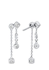 Pendientes de gota plateados con formas geométricas, que presentan cristales transparentes redondos y cuadrados conectados por cadenas, ofreciendo un diseño moderno.