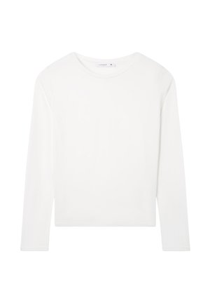 Biała koszula z długim rękawem o okrągłym dekolcie, miękka w dotyku, z krojem cropped, wyróżniająca się minimalną ilością szwów oraz brakiem wzorów i akcentów.