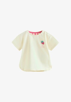 Tricou crem cu mâneci scurte pentru toddler, cu guler cu dungi roz, căpșună brodată și text „Big Smiles” pe piept.