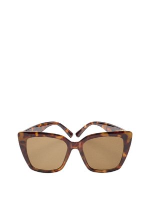 Okulary przeciwsłoneczne z oprawką typu cat-eye w kolorze żółwia, z brązowymi soczewkami, grubą oprawką z acetatu i kanciastym designem dla odważnego wyglądu.