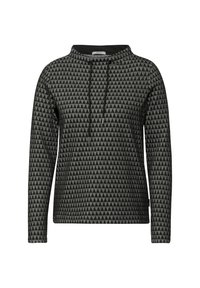 Zwart en grijs gestreept sweatshirt met een driehoekig ontwerp, lange mouwen, een capuchon met koordjes en een ronde halslijn.