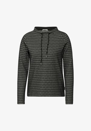 Zwart en grijs gestreept sweatshirt met een driehoekig ontwerp, lange mouwen, een capuchon met koordjes en een ronde halslijn.