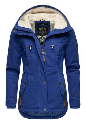 Parka bleue avec doublure en fausse fourrure, capuche ajustable avec cordon de serrage, fermetures éclair et à pression, poches latérales zippées et poignets côtelés.