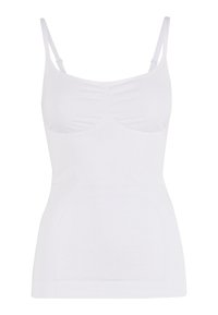 Camisola bianca con spalline sottili, dettaglio arricciato al busto e silhouette aderente in tessuto morbido e elastico.