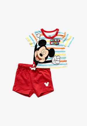 Children’s two-piece outfit with striped Mickey Mouse shirt and solid red shorts featuring a small white Mickey head icon.
