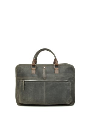 Zwarte leren laptoptas met bruin leren accenten, twee bovenhandvaten, ritsvak aan de voorkant en een zachte textuurafwerking.